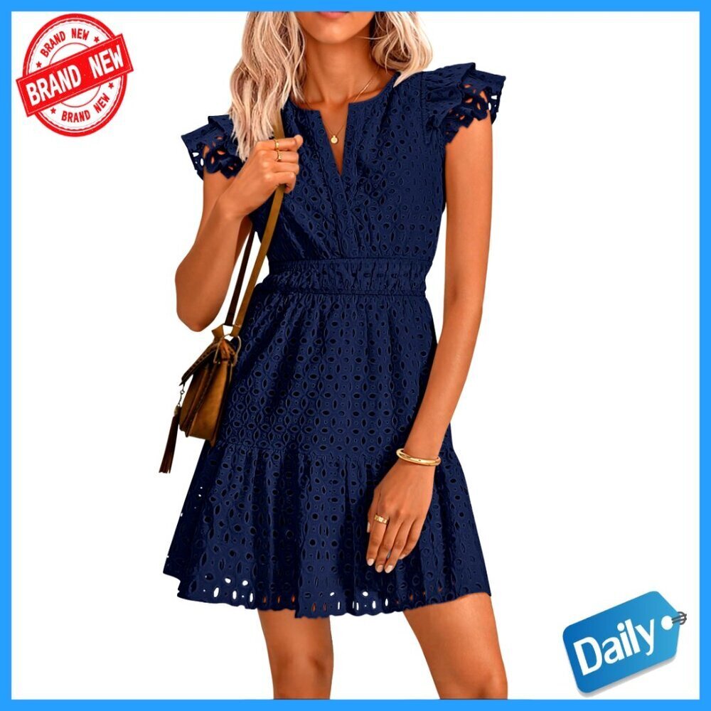 Summer Flutter Sleeve Mini Dress V-Neck Hollow Out Eyelet A-Line Swing